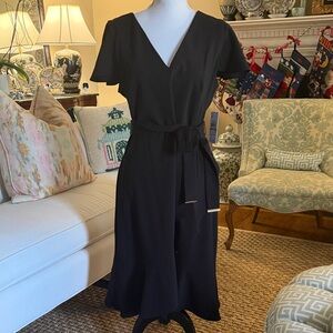 DKNY by Donna Karan Black Dress  Flutter Sleeves Belt w/ Gold Edge Size 12 NWT